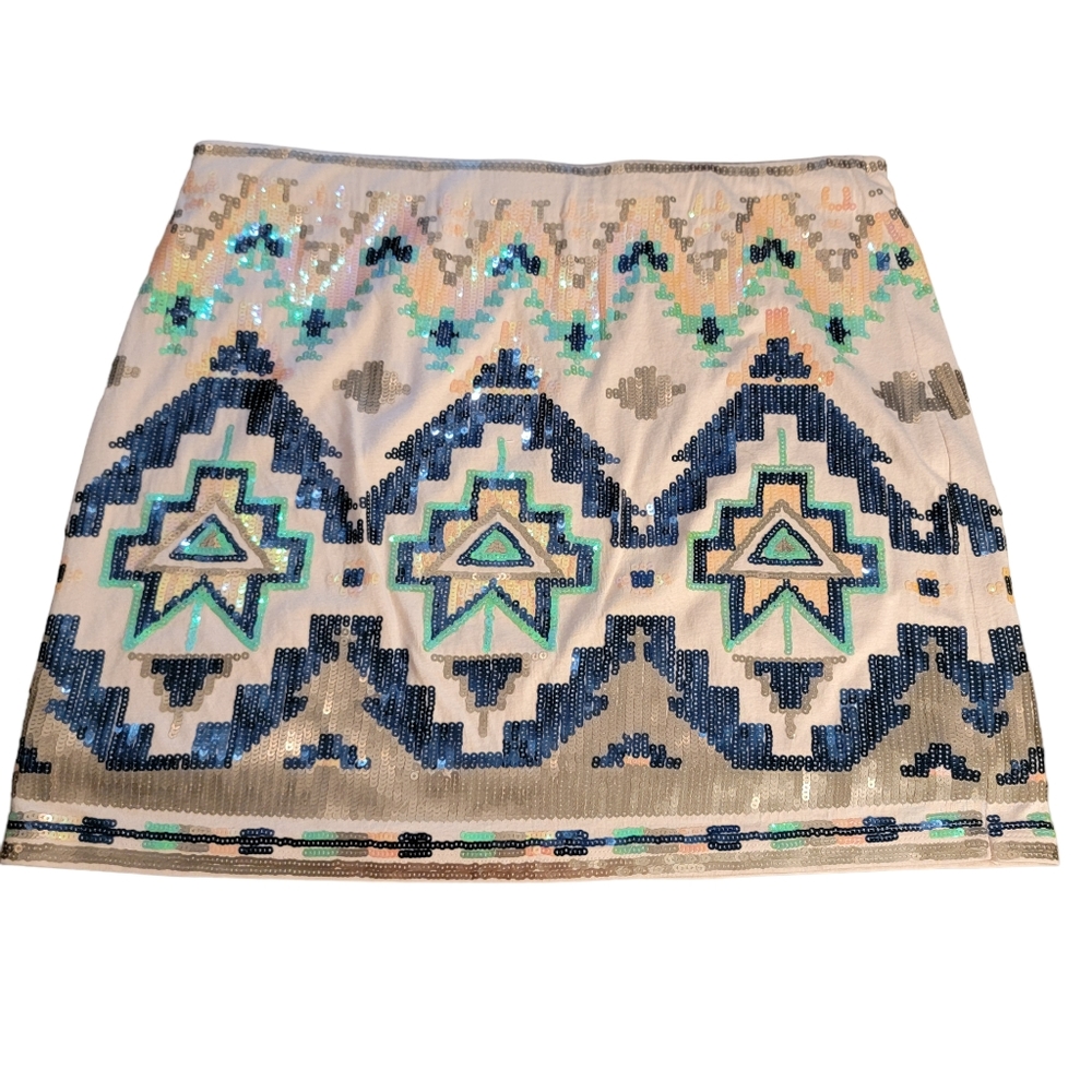 50% off sale!!! Womens Skirt EXPRESS Tan Aztec Tribal Sequin Print Mini Skirt